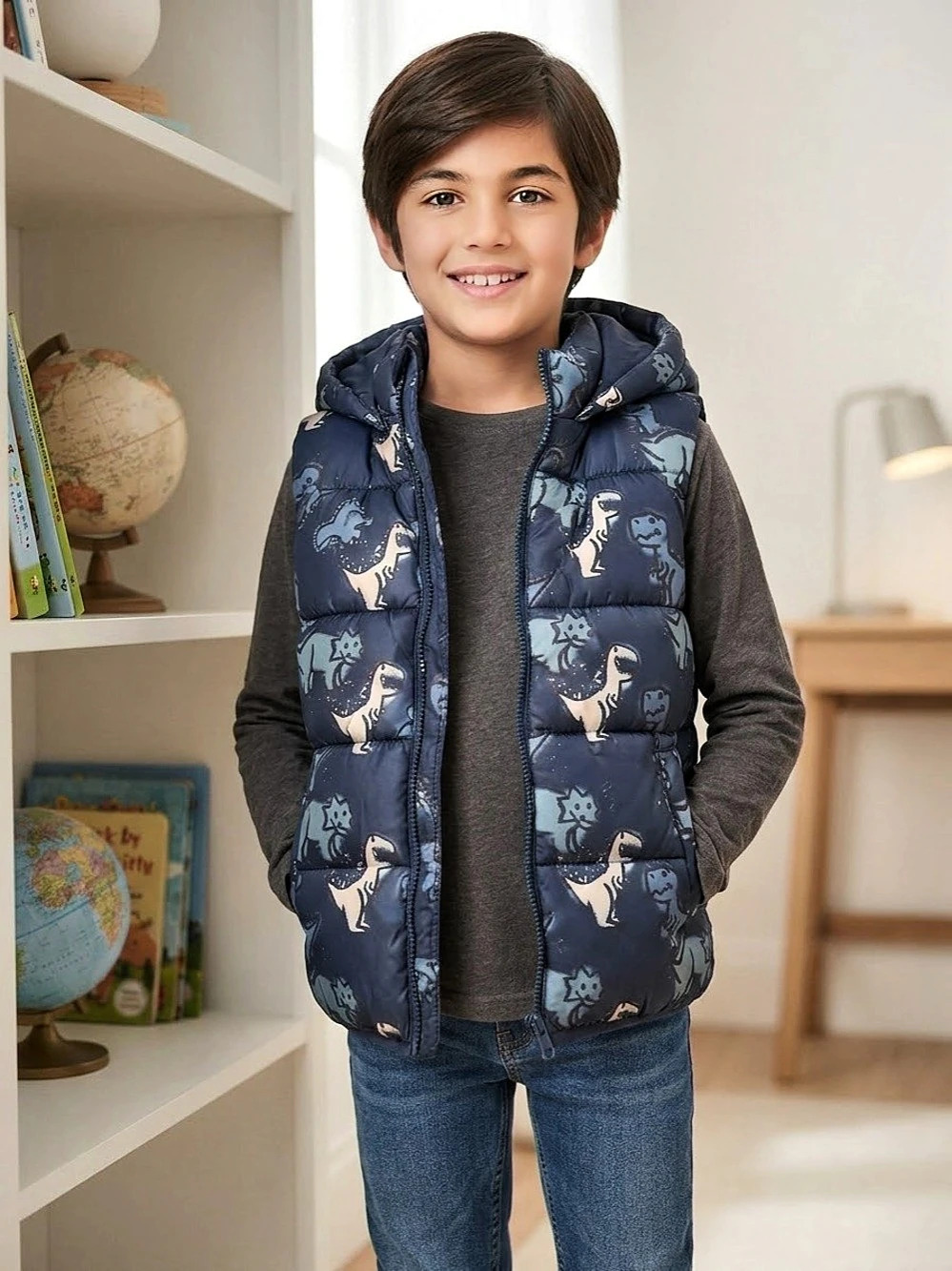 H&M Boys Size 8/10 Blue Dinosaur Puffer Vest Like New